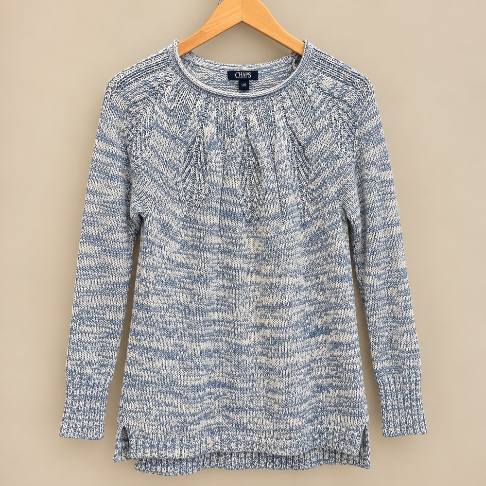 Chaps Womens Blue White Space Dye Knit Crew Neck Tunic Sweater S Office Preppy